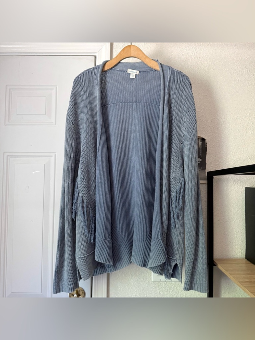 SUNDANCE dusty blue garment dyed fringe long sleeve open front cardigan sweater